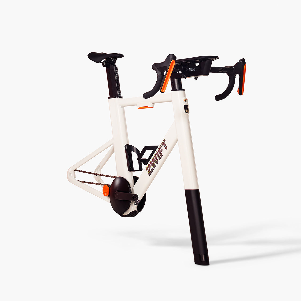 Zwift Ride smart frame indoor bike with integrated handlebar shifter controllers, set up for training